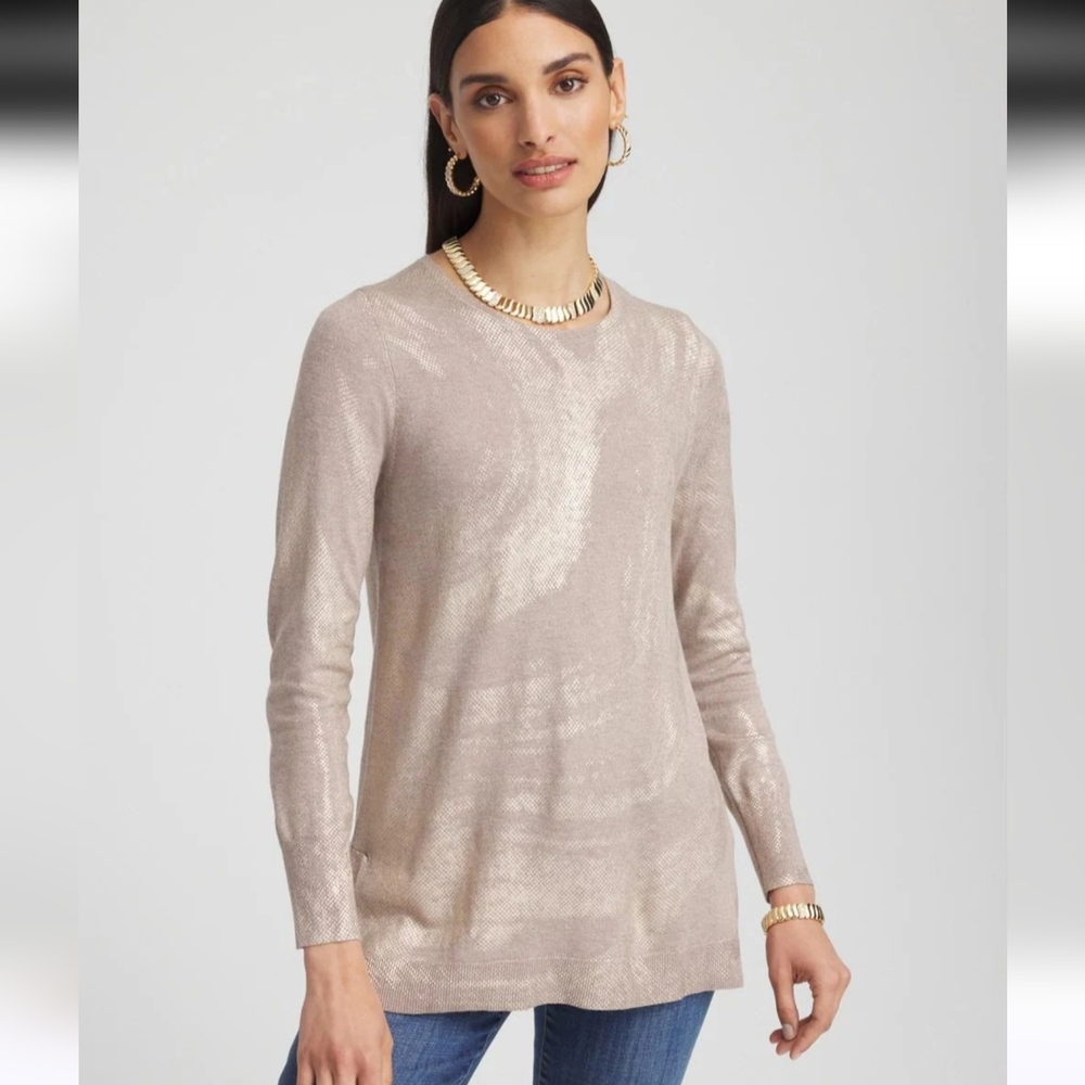 Chico's Foil Crew Neck Sweater Tunic Top Gold Size 0 Small